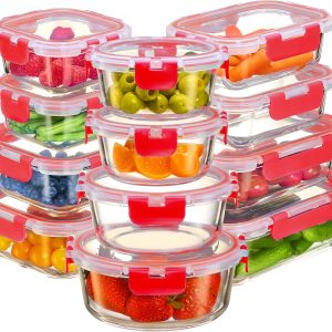 FineDine 24 Piece Glass Storage Containers with Lids - Leak Proof. Dishwasher Safe Glass Food Storage Containers for Meal Prep or Leftovers. Red: Home & Kitchen