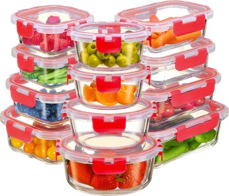 FineDine 24 Piece Glass Storage Containers with Lids - Leak Proof. Dishwasher Safe Glass Food Storage Containers for Meal Prep or Leftovers. Red: Home & Kitchen