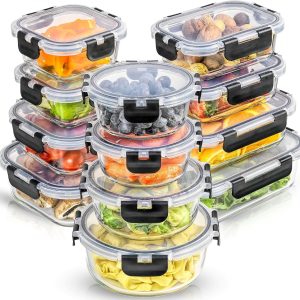 JoyJolt 24pc Borosilicate Glass Storage Containers with Lids | 12 Airtight/Freezer Safe Food Storage Containers for Pantry and Kitchen | Meal Prep Container for Lunch | Glass Tupperware Set: Home & Kitchen